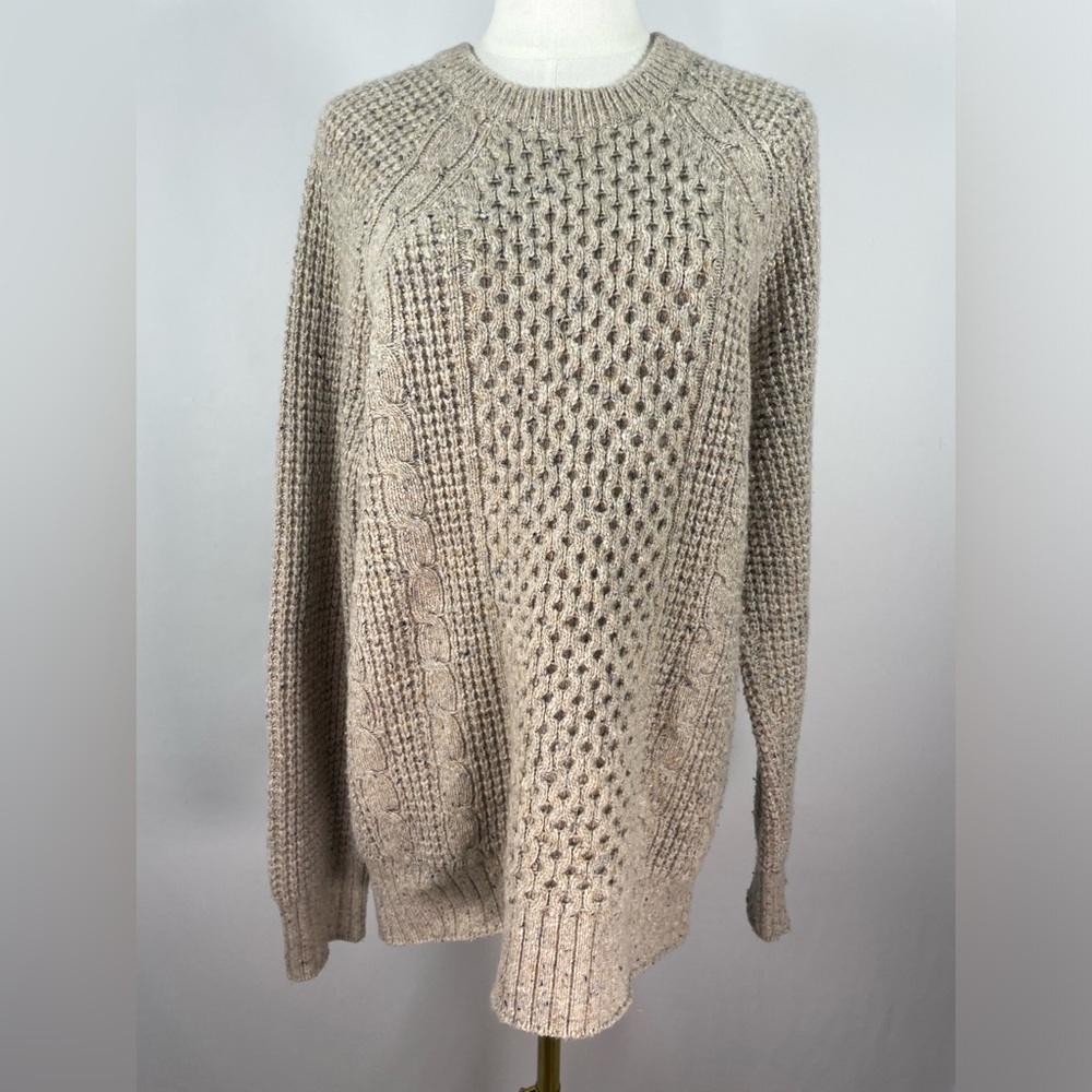 Madewell Donegal Cableknit Fisherman Sweater Size Medium Tan Heather Chunky Crew